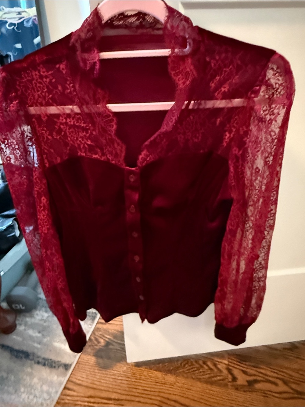 Lace Button-Front Blouse in Deep Wine